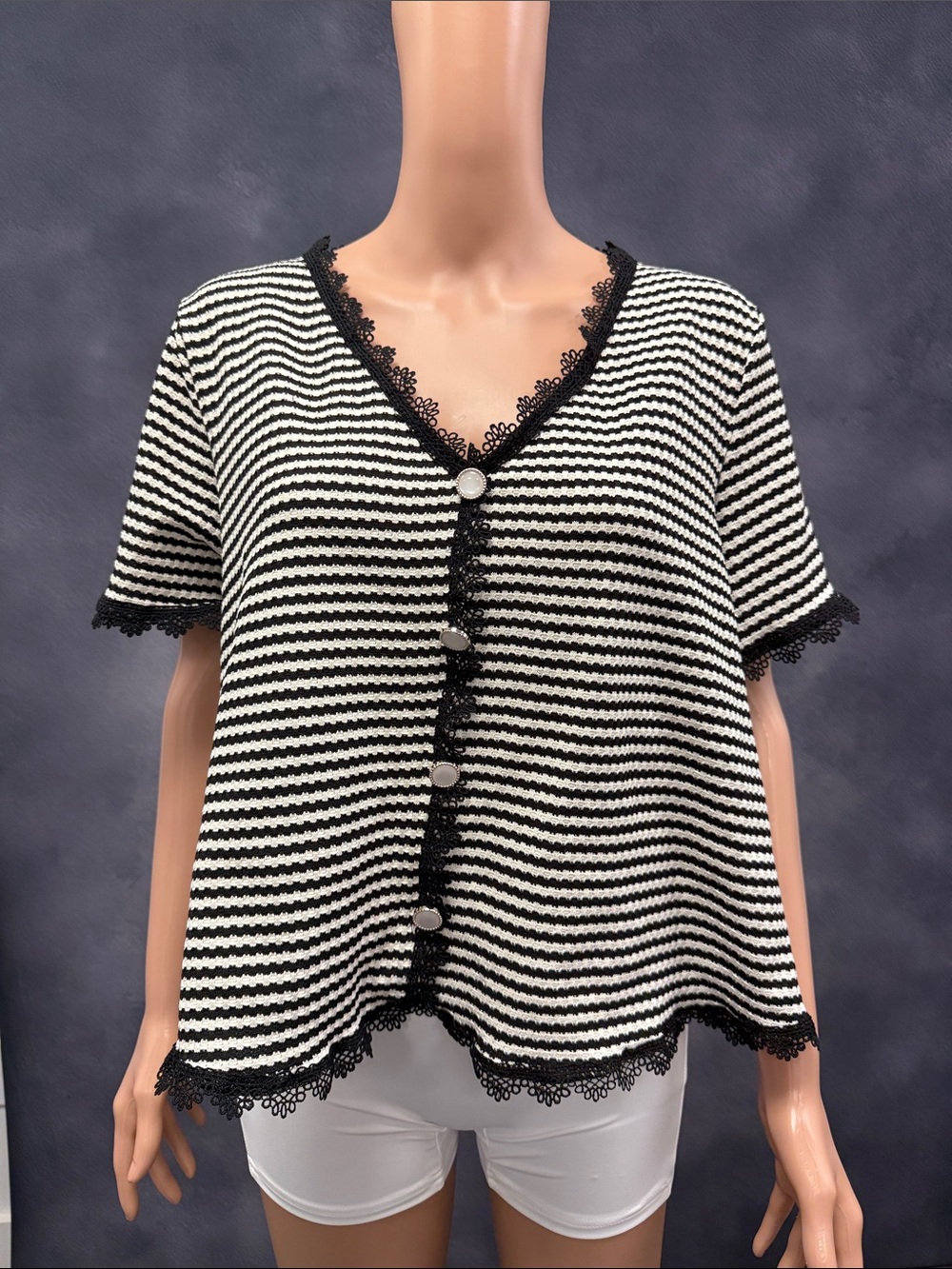 SHEIN Black and White Striped Lace-Trim Button Front Top